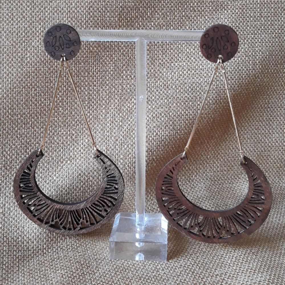 *2 for $15* Wood Mandala Scoop drop earrings